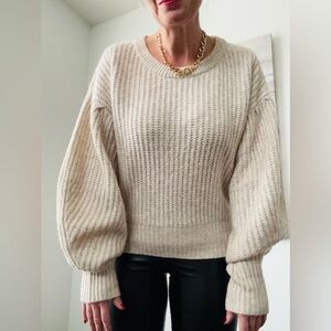 ZARA Knit Sweater Beige Balloon Sleeve Chunky Crop XL